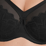 Juodos liemenėlės Felina Lovely Lotus gėlių rašto nėrinių, tinklelio ir kaspinėlio detalė iš arti