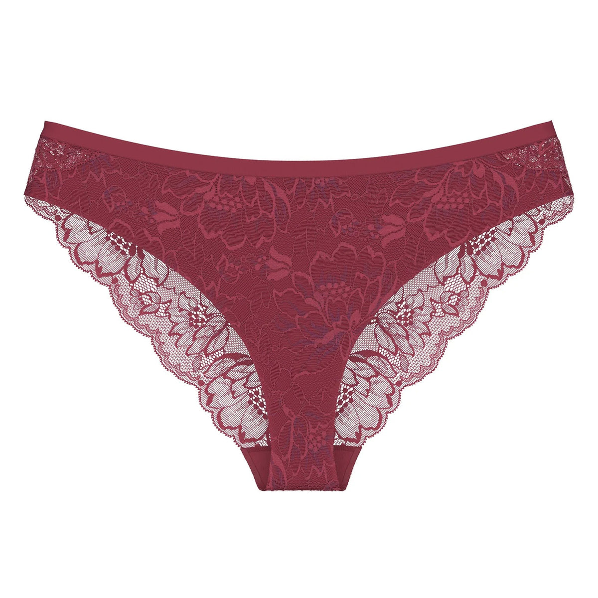 Bordo spalvos nėriniuotos braziliško stiliaus kelnaitės Triumph Amourette Charm baltame fone